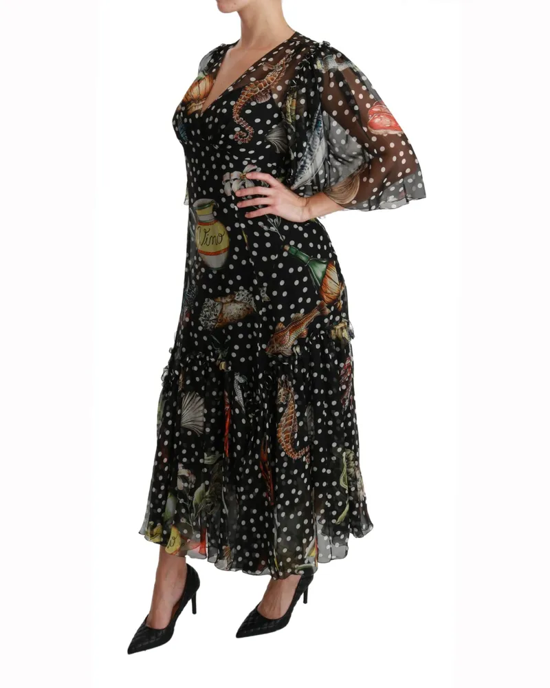 Dolce & Gabbana Women's Black Sea Fish Sicily A-Line Shift Dress Silk Black