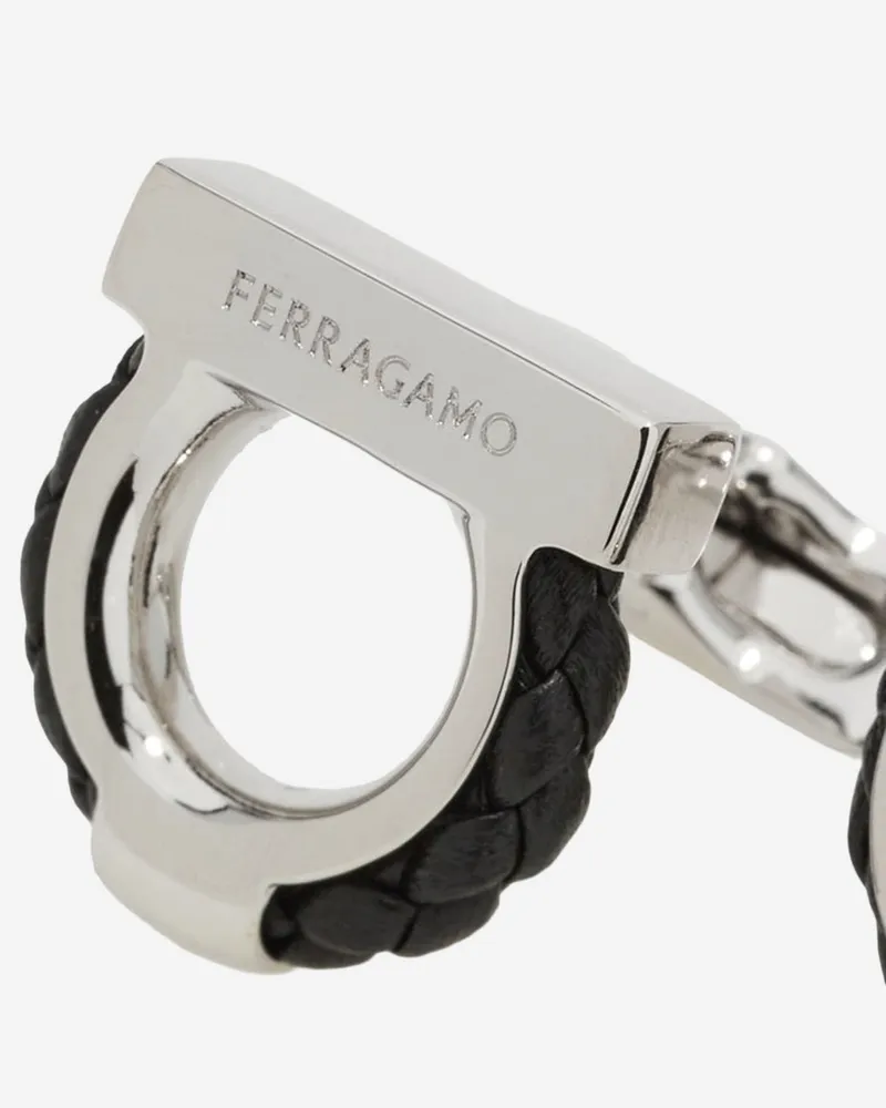 Ferragamo Men's Cufflinks Brass And Braided Leather Hook Silver Accessory Silver