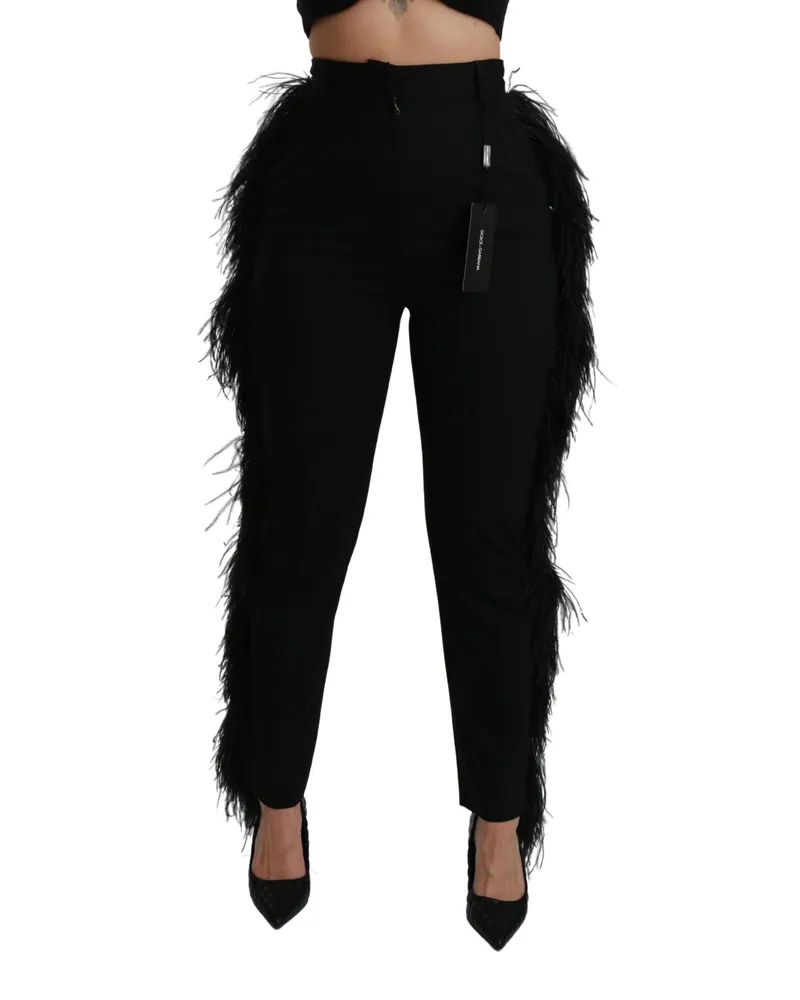 Dolce & Gabbana Women Black Feather Straight High Waist Wool Pants Virgin Elastane Black