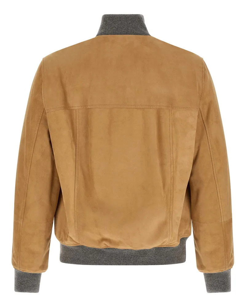 Brunello Cucinelli Suede Bomber with Knit Trim Jacket — Camel Camel