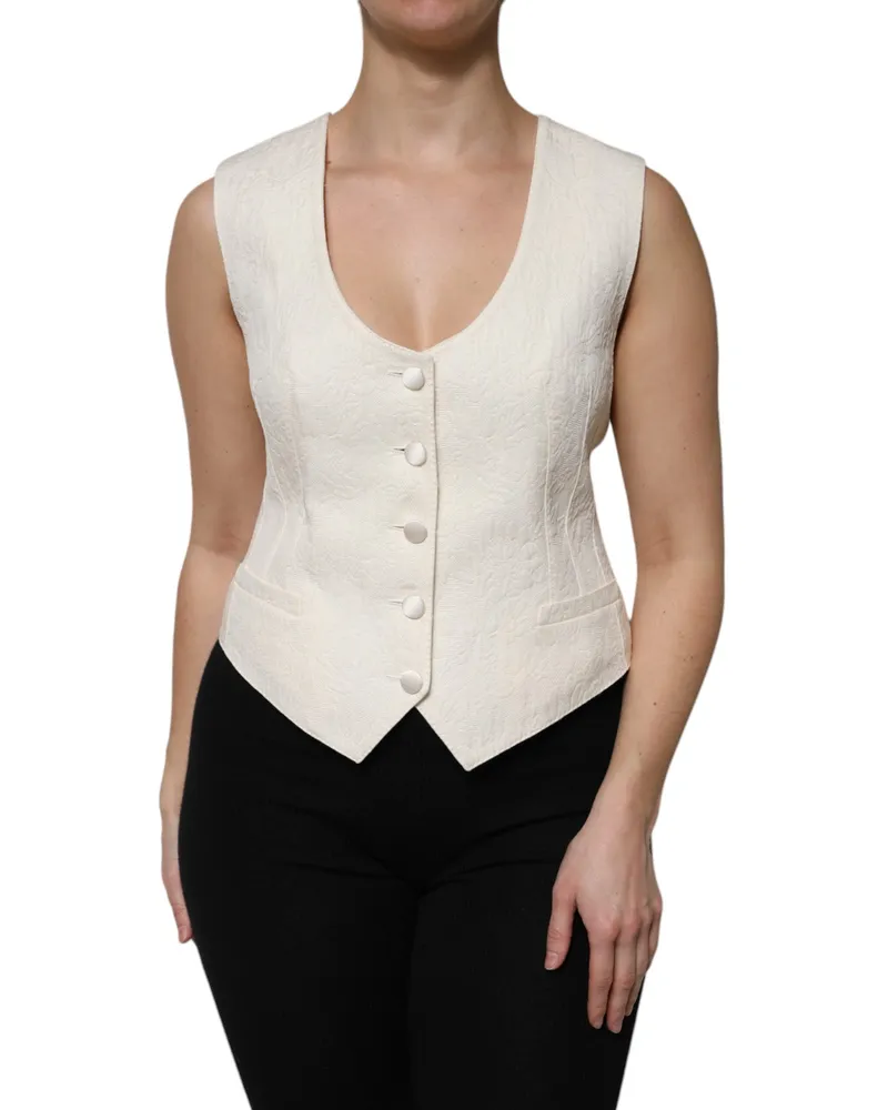 Dolce & Gabbana Women's Ivory Cotton Button Down Sleeveless Vest Top Off White Silk White