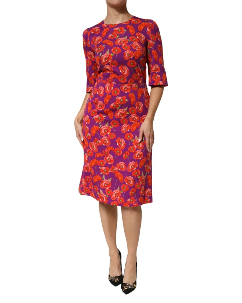 Dolce & Gabbana Women's Purple Silk Floral Print Midi Sheath Dress Purple