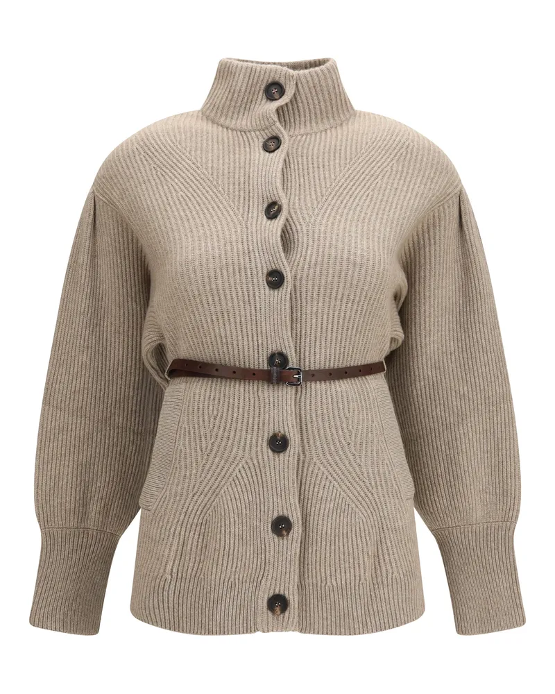 Brunello Cucinelli High-Neck Virgin Wool Blend Cardigan — Brown Brown