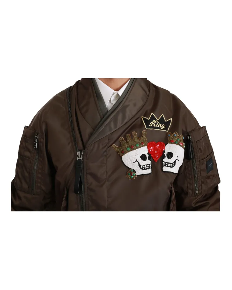 Dolce & Gabbana Men's Brown Beaded Crown Skull Logo Jacket Nylon Clothing Brown