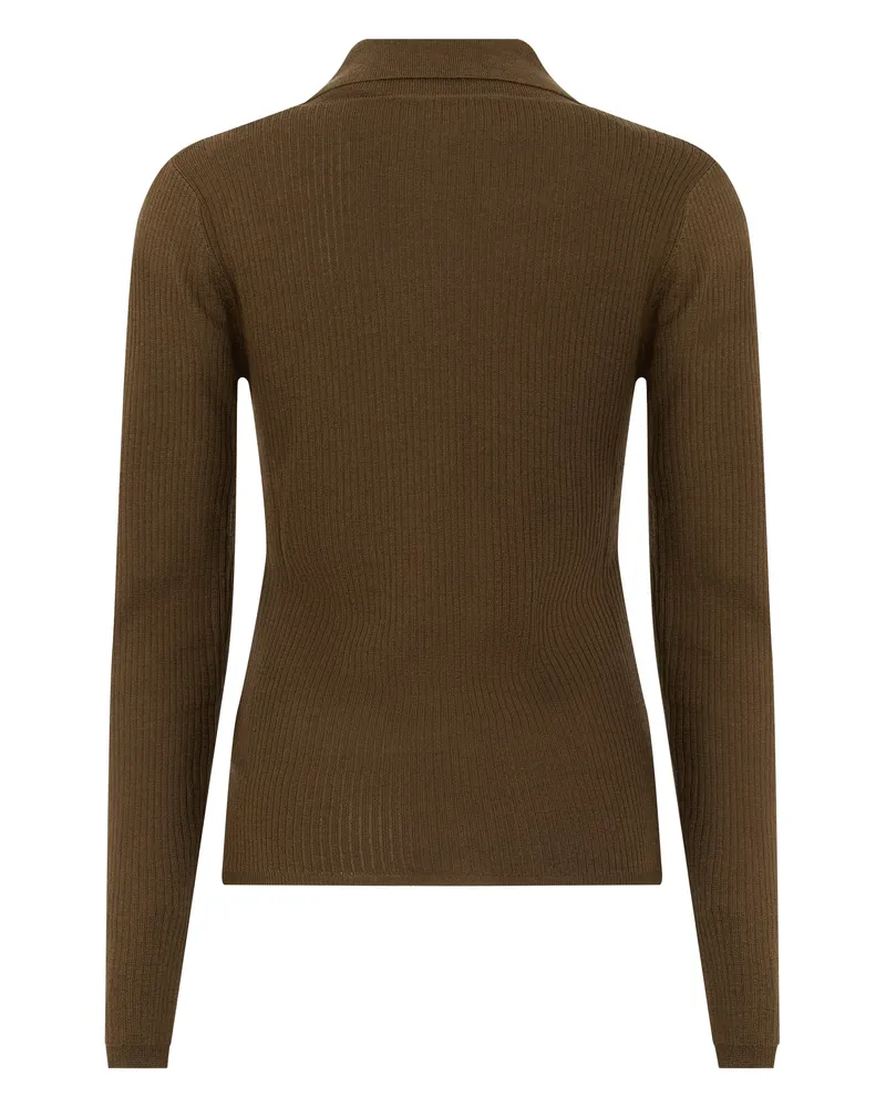 Max Mara Women Long Sleeve Polo Dark Khaki Silk Tops Brown