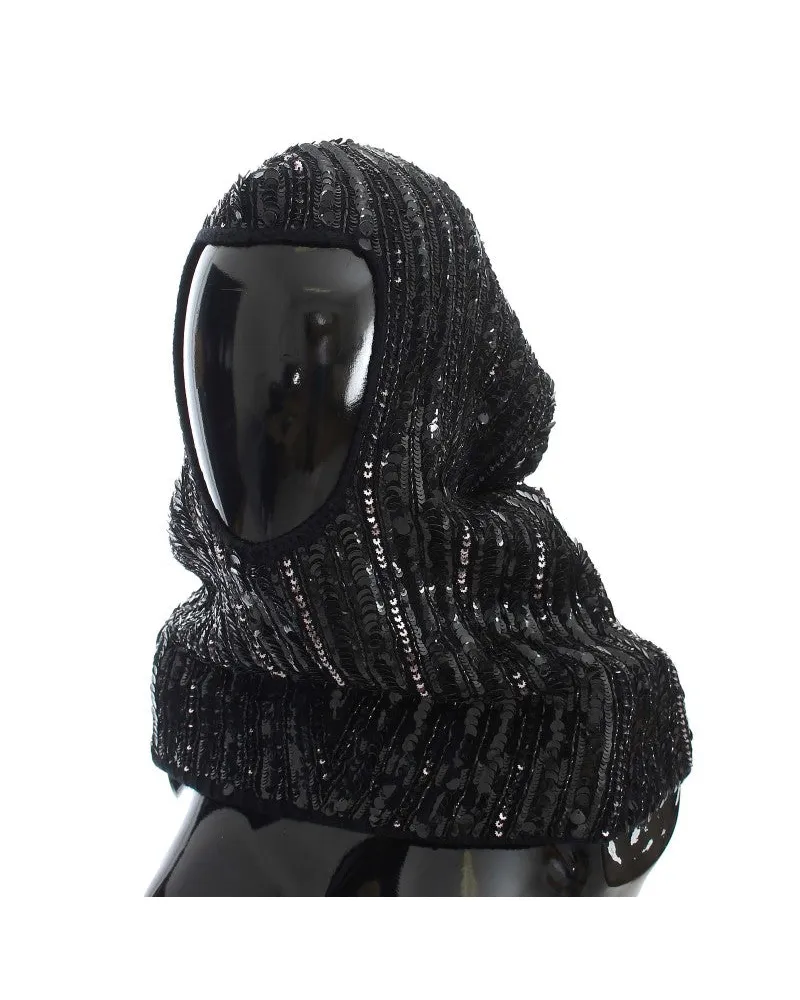 Dolce & Gabbana Women's Black Knitted Sequin Hood Scarf Hat Wool Black