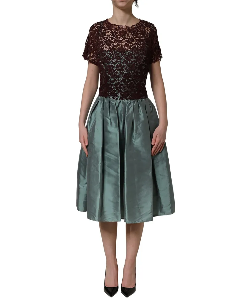 Dolce & Gabbana Women's Multicolor Floral Lace Taffeta Pleated Midi Dress Silk Cotton Nylon Burgundy