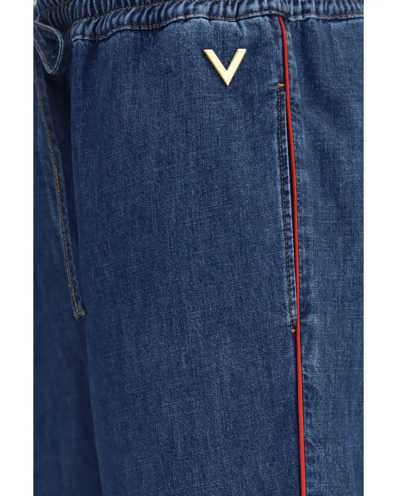 Valentino Garavani Wide-Leg Denim with Red Side Stripe Trousers — Blue Blue