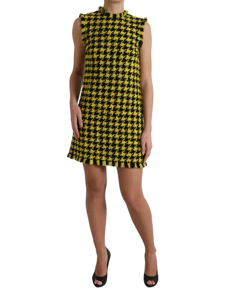 Dolce & Gabbana Women Yellow Houndstooth Sleeveless Aline Mini Dress Virgin Wool Nylon Yellow