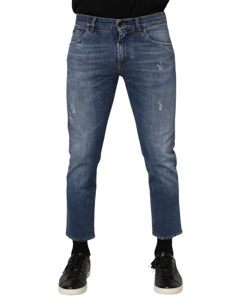 Dolce & Gabbana Men's Blue Cotton Logo Plaque Denim Jeans Elastane Clothing Blue