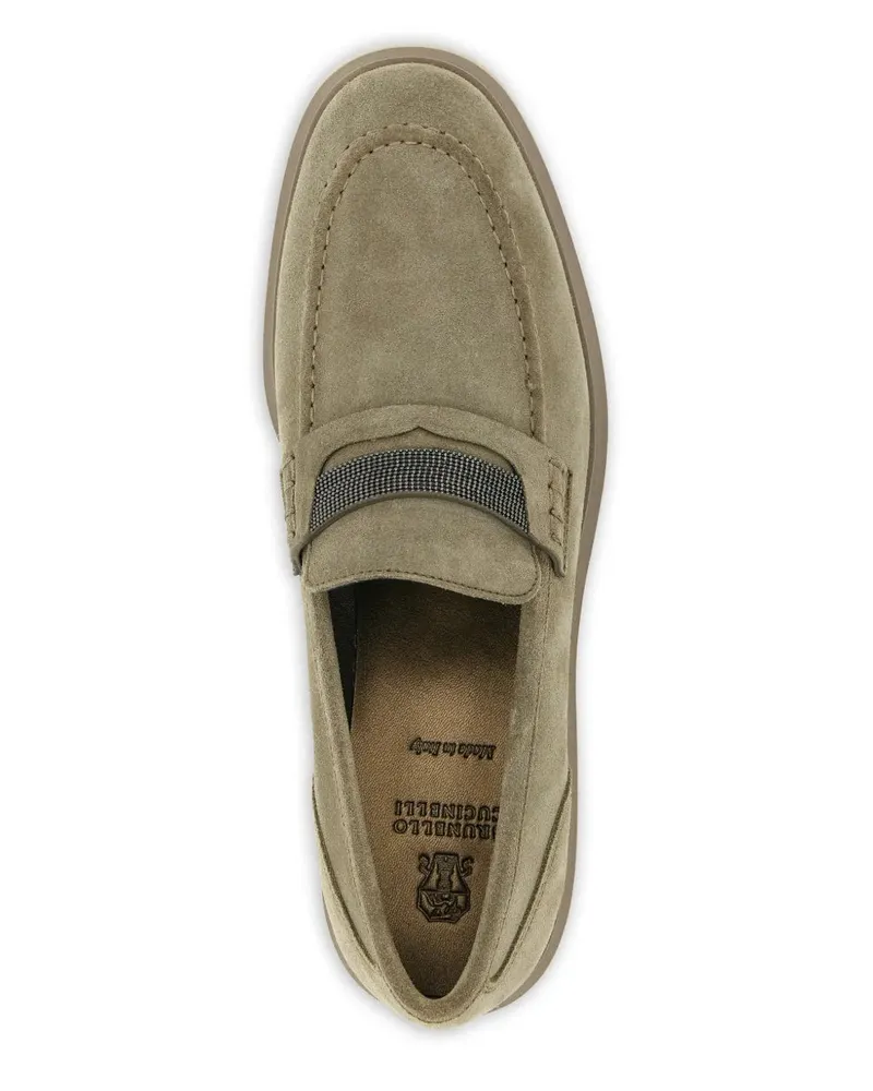 Brunello Cucinelli Women's Monili-Detail Suede Loafers Ss26 W Khaki