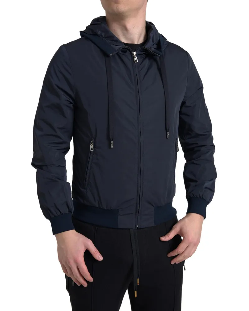 Dolce & Gabbana Men Blue Hooded Logo Polyester Full Zip Sweater Clothing Blue