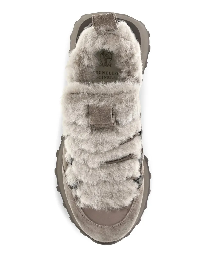 Brunello Cucinelli Women's Suede And Tech Cotton Sneakers With Shearling Lining Monili Detail Taiga Upper: Suede; Sole: Rubber Taiga