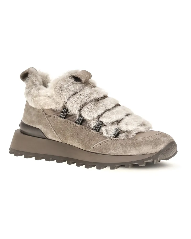 Brunello Cucinelli Women's Suede And Tech Cotton Sneakers With Shearling Lining Monili Detail Taiga Upper: Suede; Sole: Rubber Taiga