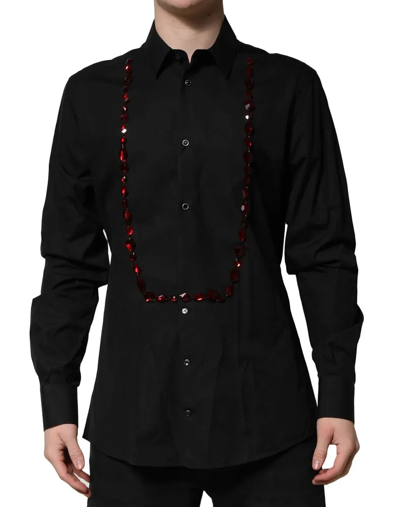 Dolce & Gabbana Black Crystal Gold Formal Men Dress Shirt Cotton Black