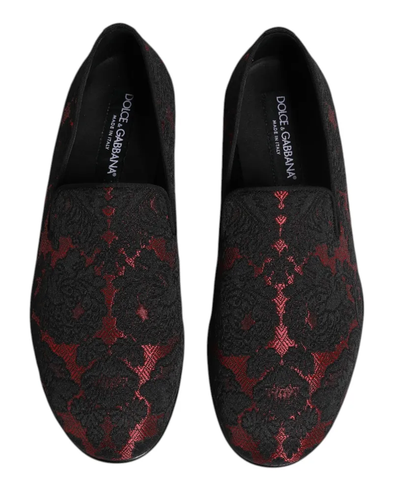 Dolce & Gabbana Men's Red Black Jacquard Slip On Loafers Shoes And Leather Black