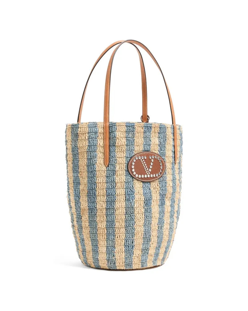 Valentino Garavani Hand-Woven Raffia Striped Tote Bag — Blue Blue
