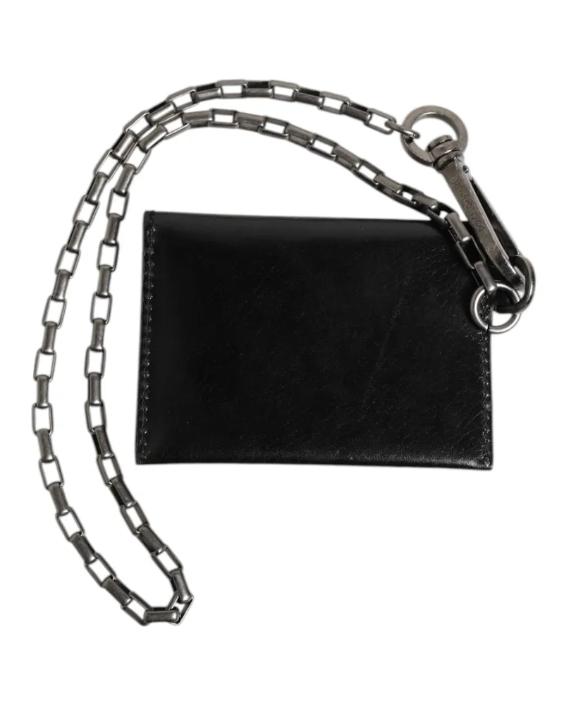 Dolce & Gabbana Men's Black Cavallo Leather Wallet Chain Snap Bifold Card Holder Black