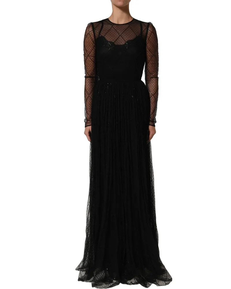 Dolce & Gabbana Women Mesh Lace Long-Sleeved Maxi Dress Black Polyester Black