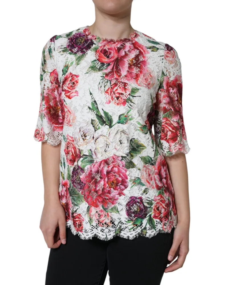 Dolce & Gabbana Women's White Peony Lace Short Sleeves Blouse Top Cotton Nylon Viscose White