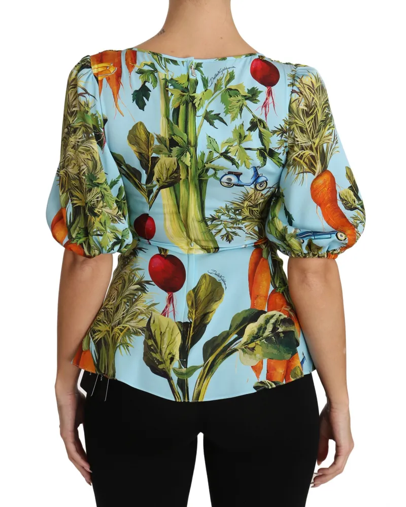 Dolce & Gabbana Women's Multicolor Vegetable Print Silk Top Peplum Wrap Blouse Spandex Blue
