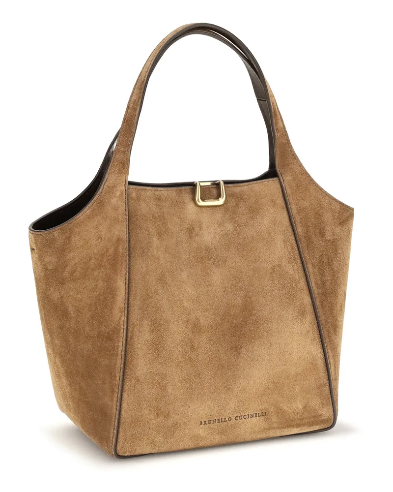 Brunello Cucinelli Women's Small Sartorial Suede Bucket Bag Caramello Calf Leather Bos Taurus Shoulder Beige