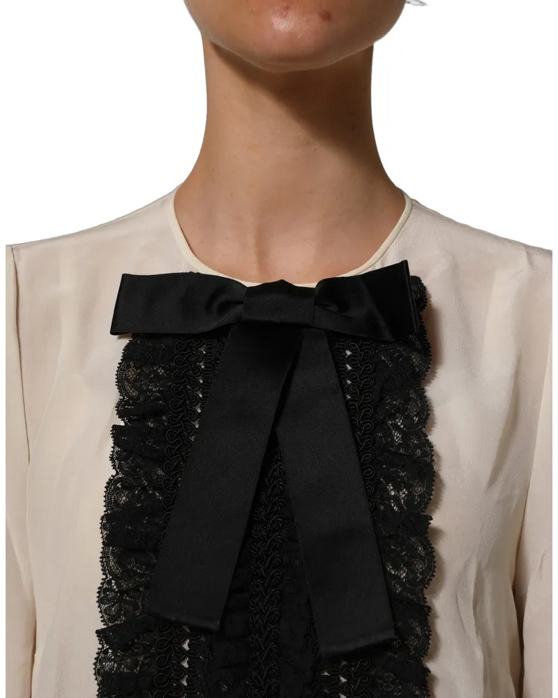 Dolce & Gabbana Women's Beige Lace Trim Bow Short Sleeves Blouse Top Beige