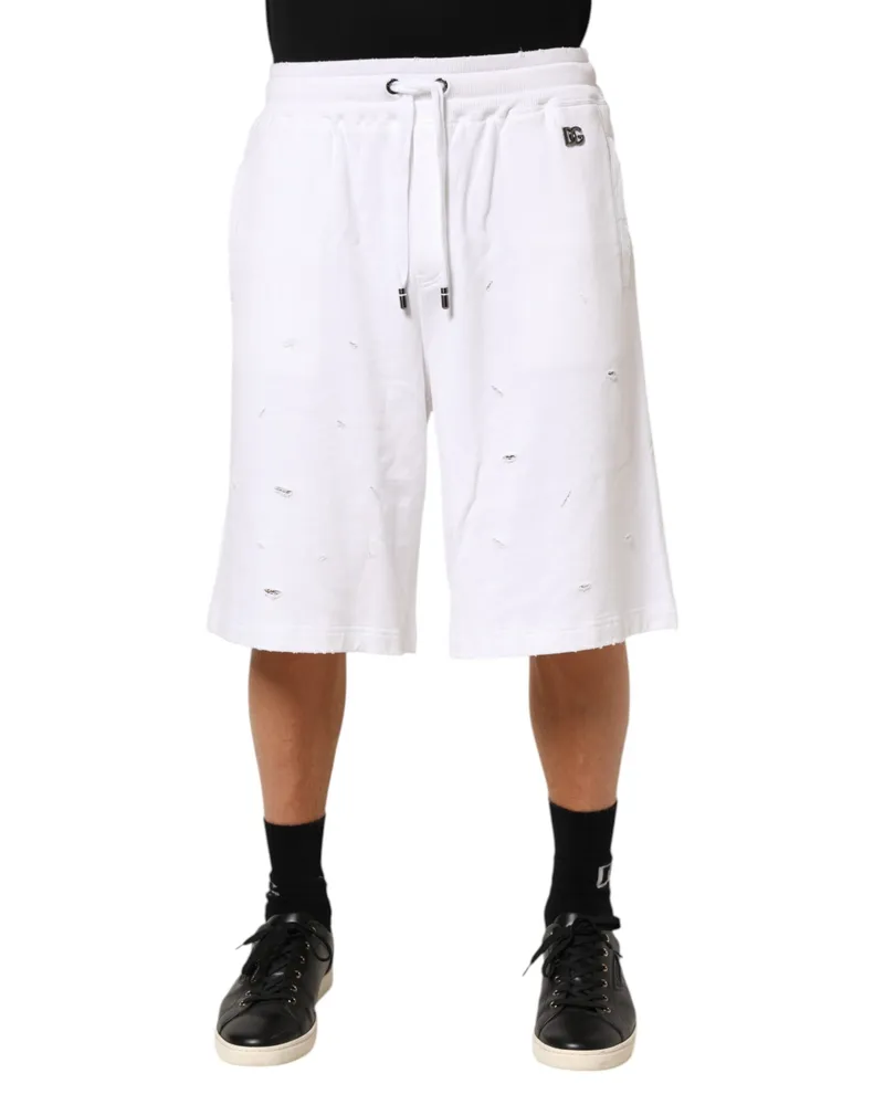 Dolce & Gabbana Men's White Cotton Ripped Bermuda Sweatpants Shorts White