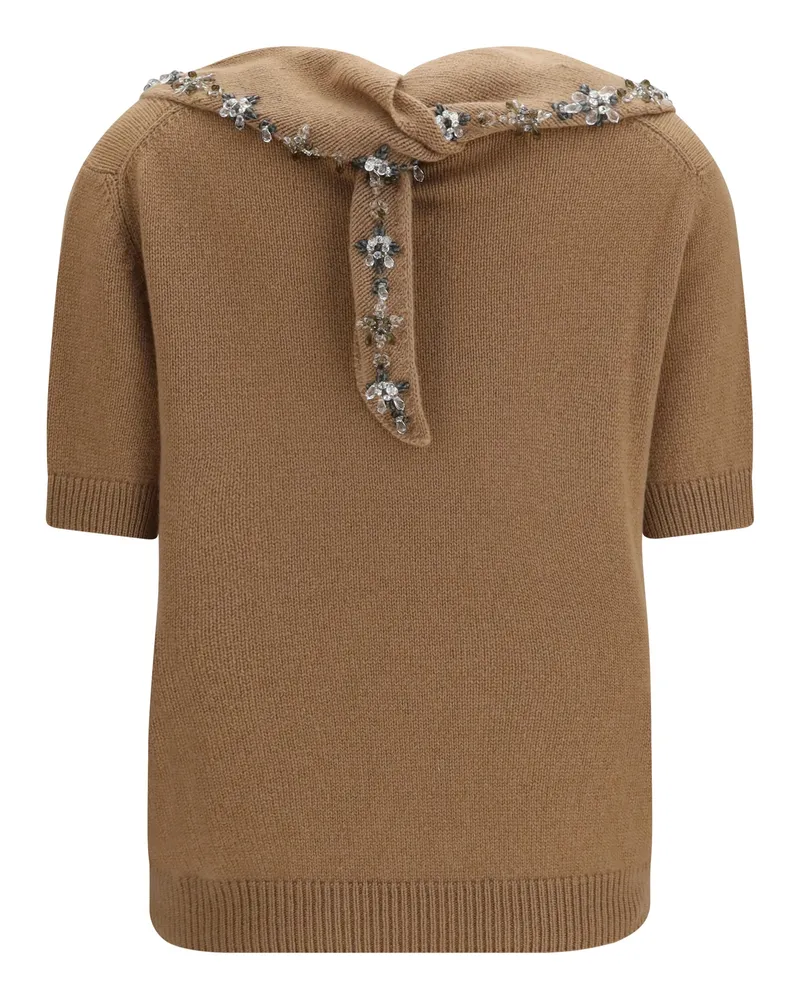 Prada Women's Cashmere Sweater With Jewel Scarf Cammello Kashmir-Capra Hircus Sweatshirts Kashmir/capra Beige