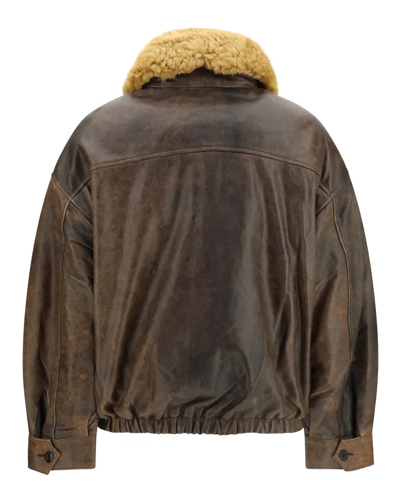 R13 Women Leather Bomber Jacket Brown Lamb Ovis Aries Brown