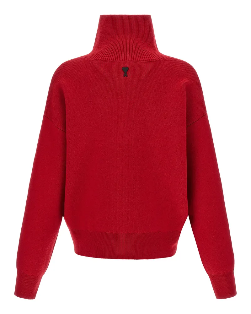 AMI Paris Wool Turtleneck Cardigan — Red Red