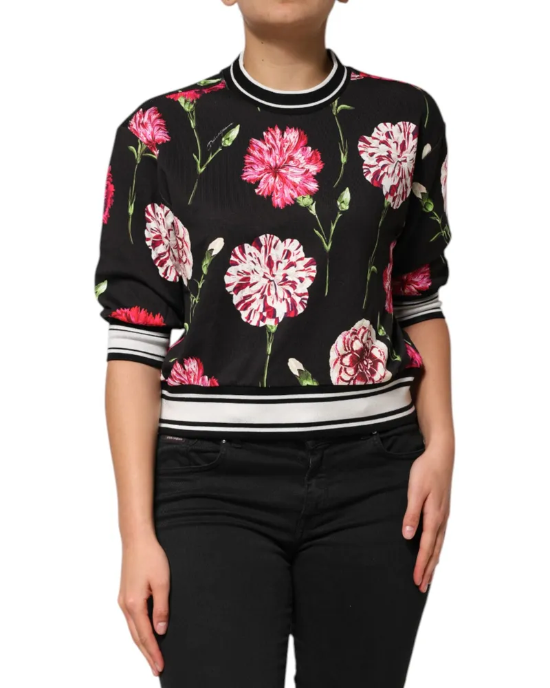 Dolce & Gabbana Women's Black Floral Print Cotton Short Sleeves Top Black