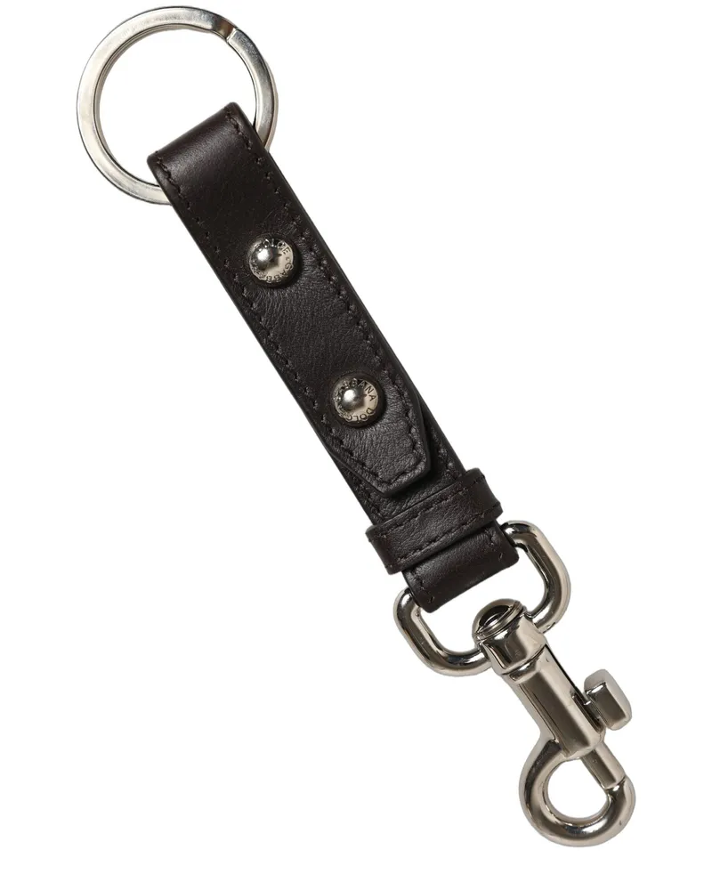 Dolce & Gabbana Women's Black Plain Leather Silver Brass Keyring Holder Keychain Accessory Black