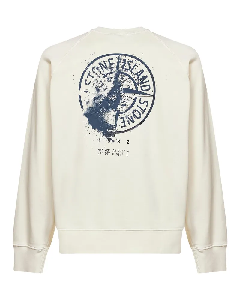 Stone Island Men Crewneck Sweatshirt Compass Print Ivory Cotton Sweatshirts Sweater Ivory