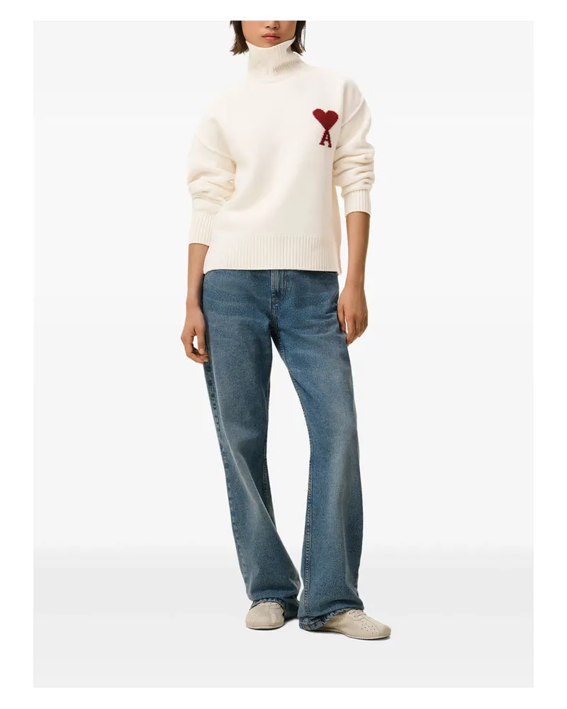 AMI Paris Intarsia Heart Motif Sweater — White 