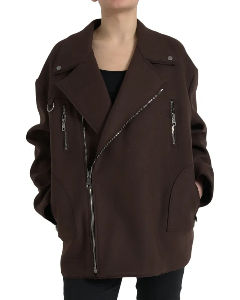 Dolce & Gabbana Women's Brown Coat Short Biker Wool Jacket Brown