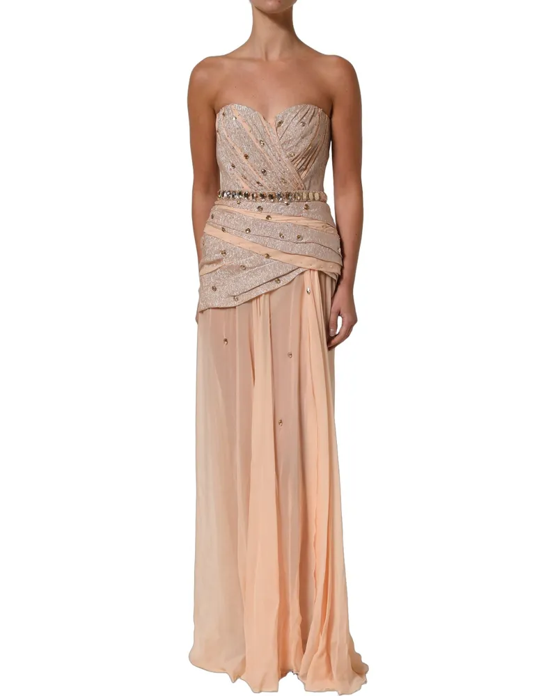 Dolce & Gabbana Women Nude Embellished Strapless Evening Gown Dress Silk Metallized Fiber Beige