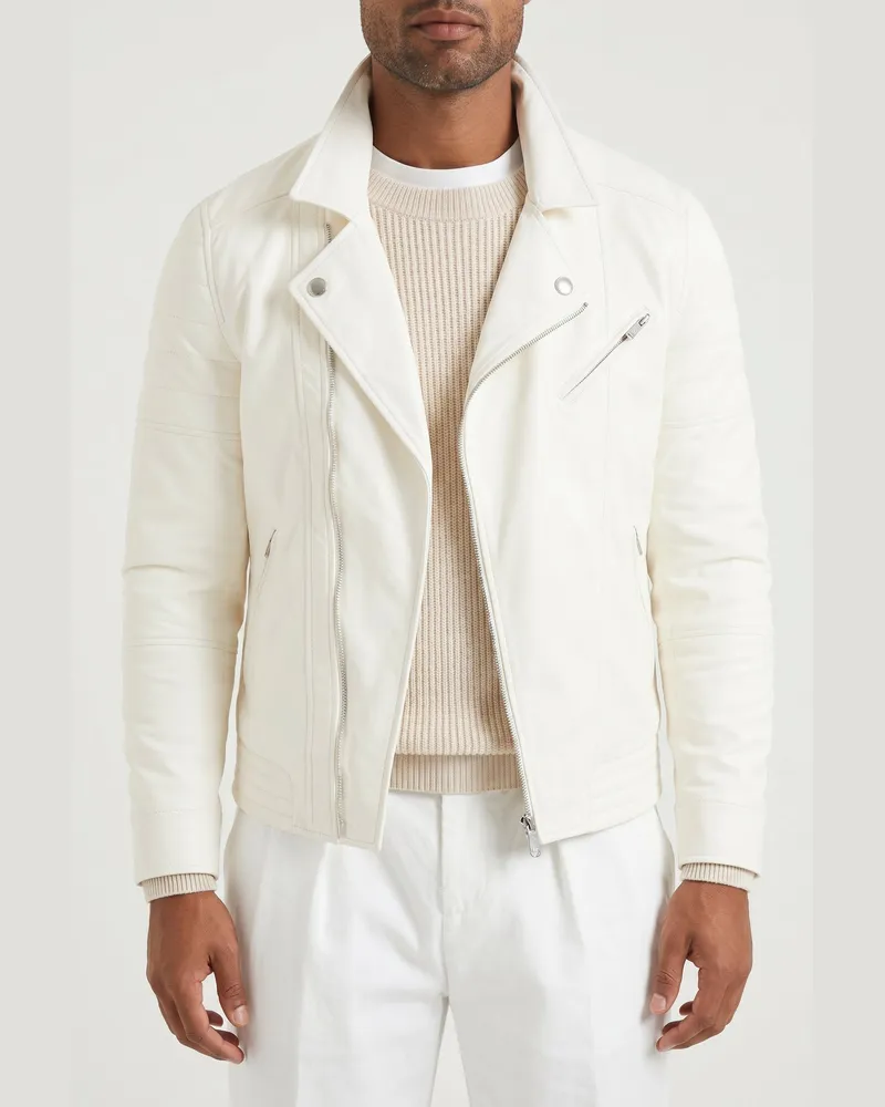 Brunello Cucinelli Off-White Leather Biker Leather Jacket — White White