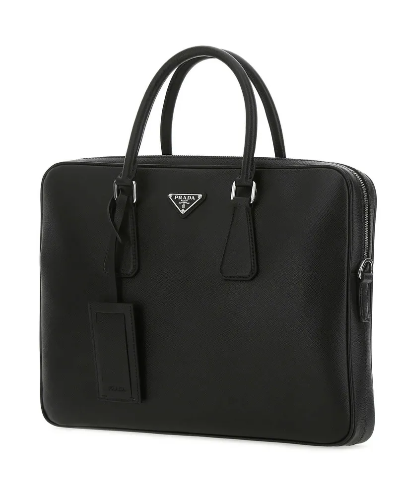 Prada Men's Black Leather Brief Case F0002 Vitello Borse A Mano Bag Black