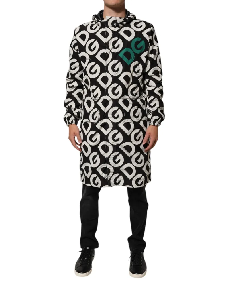 Dolce & Gabbana Black White Logo Print Hooded Coat Men Jacket And Polyester Clothing Black