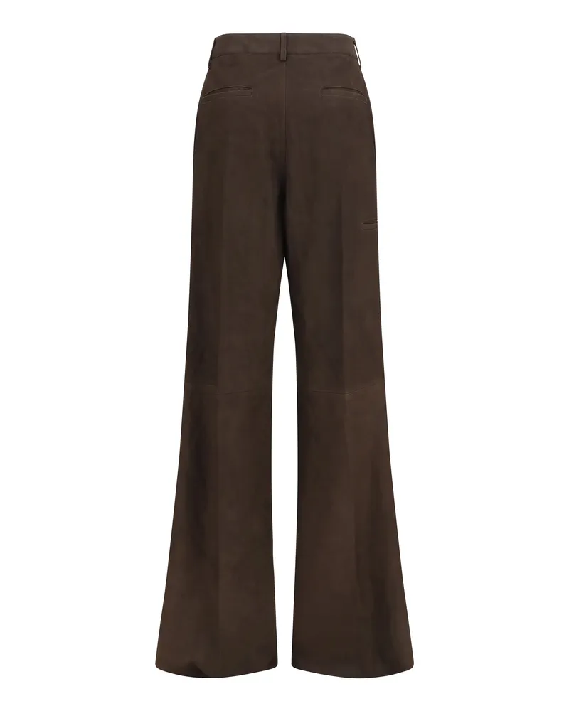 Rick Owens Women's Wide-Leg Suede Pants Grease Calf Leather Trousers 