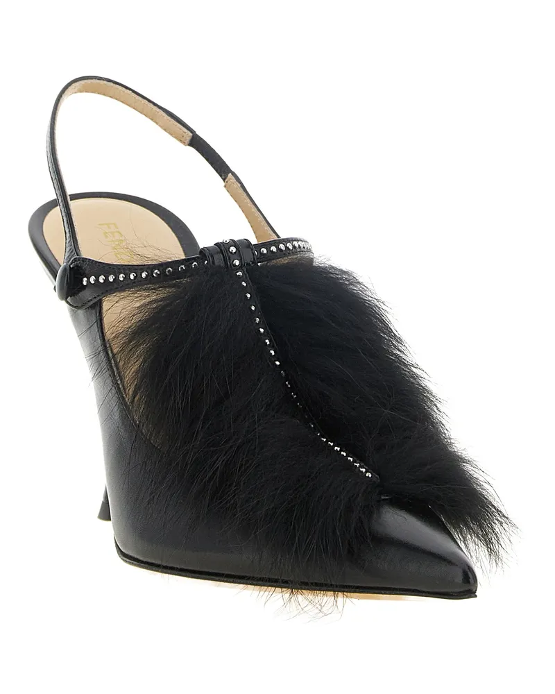 Fendi Fox Fur-Trimmed Calfskin Heels — Black Black