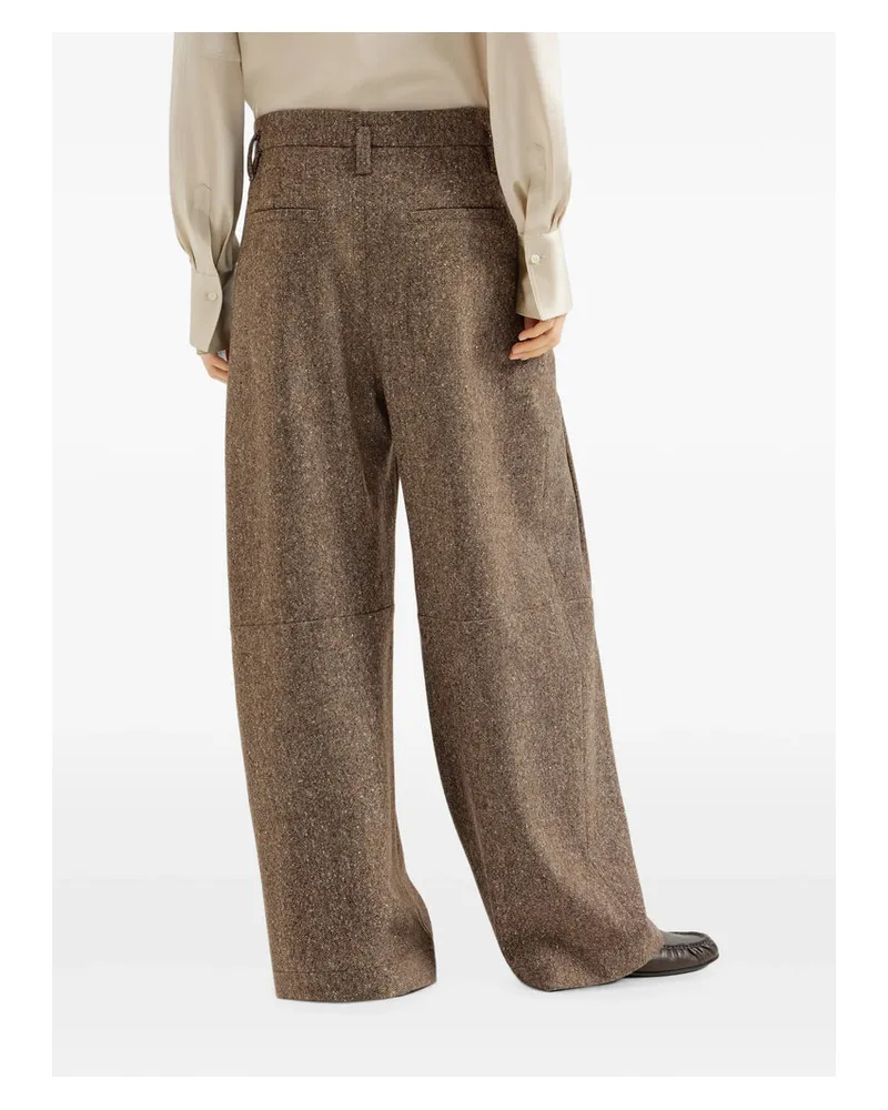 Brunello Cucinelli Double Pleat Tweed Virgin Wool Trousers — Brown Brown