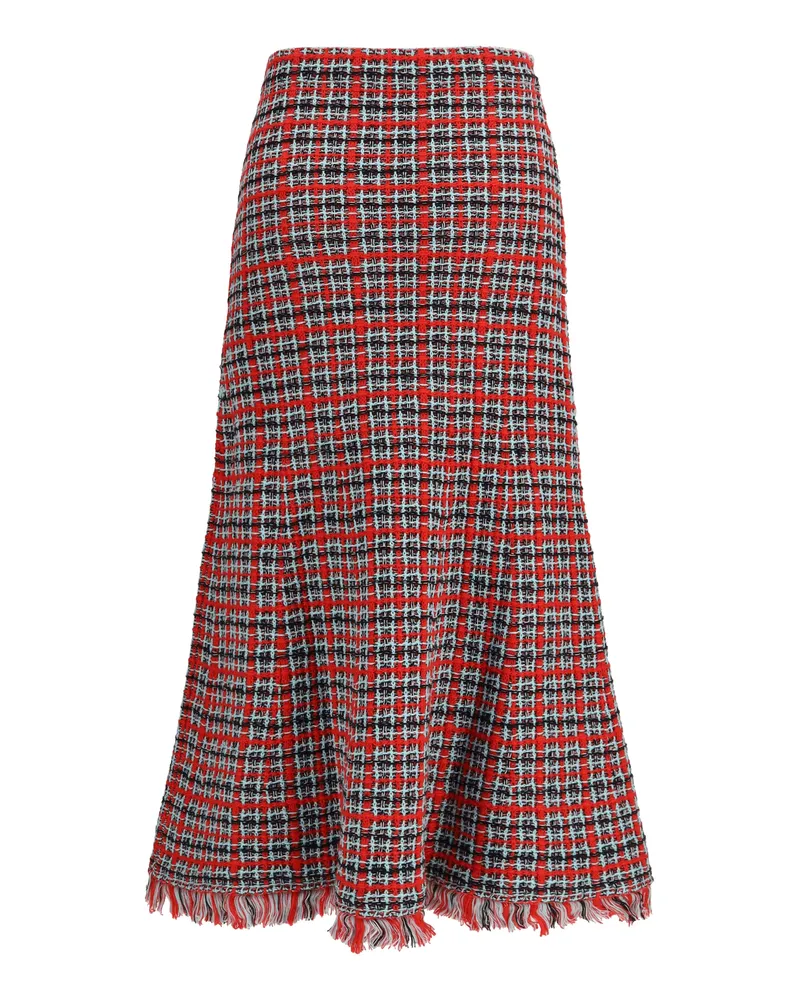 Self-Portrait Check Knit with Frayed Edges Midi Skirt — Red Red