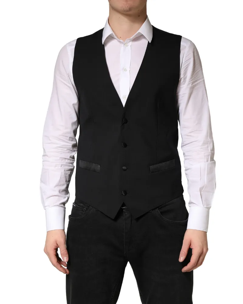 Dolce & Gabbana Black Wool Dress Men Formal Waistcoat Vest Black