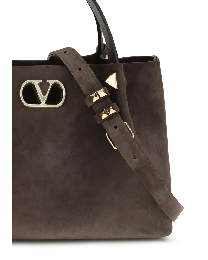 Valentino Garavani Women's Suede Handbag Ebony Brown Calf Leather Shoulder Bags Brown