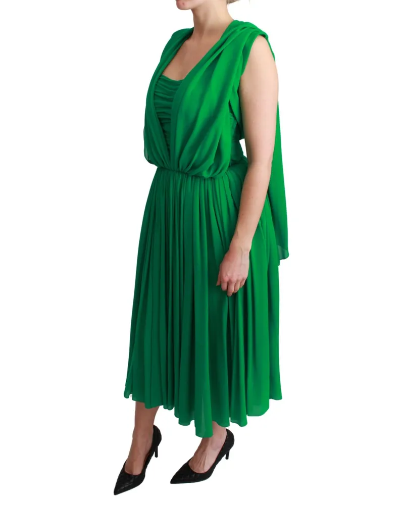 Dolce & Gabbana Women Silk Green Sleeveless Pleated Maxi Dress Green