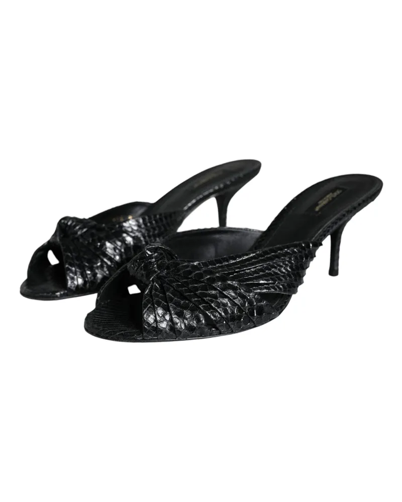 Dolce & Gabbana Women's Black Leather Heels Slides Sandals Shoes Python Black