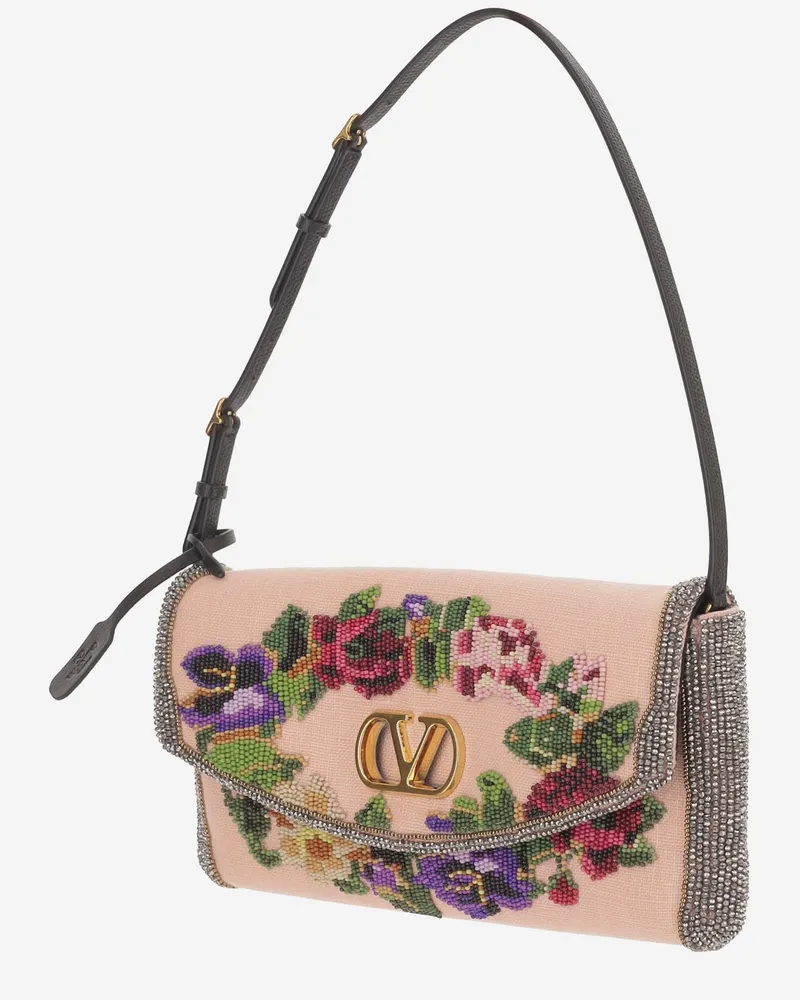 Valentino Garavani Embroidered Floral Linen Shoulder Bag — Beige Beige
