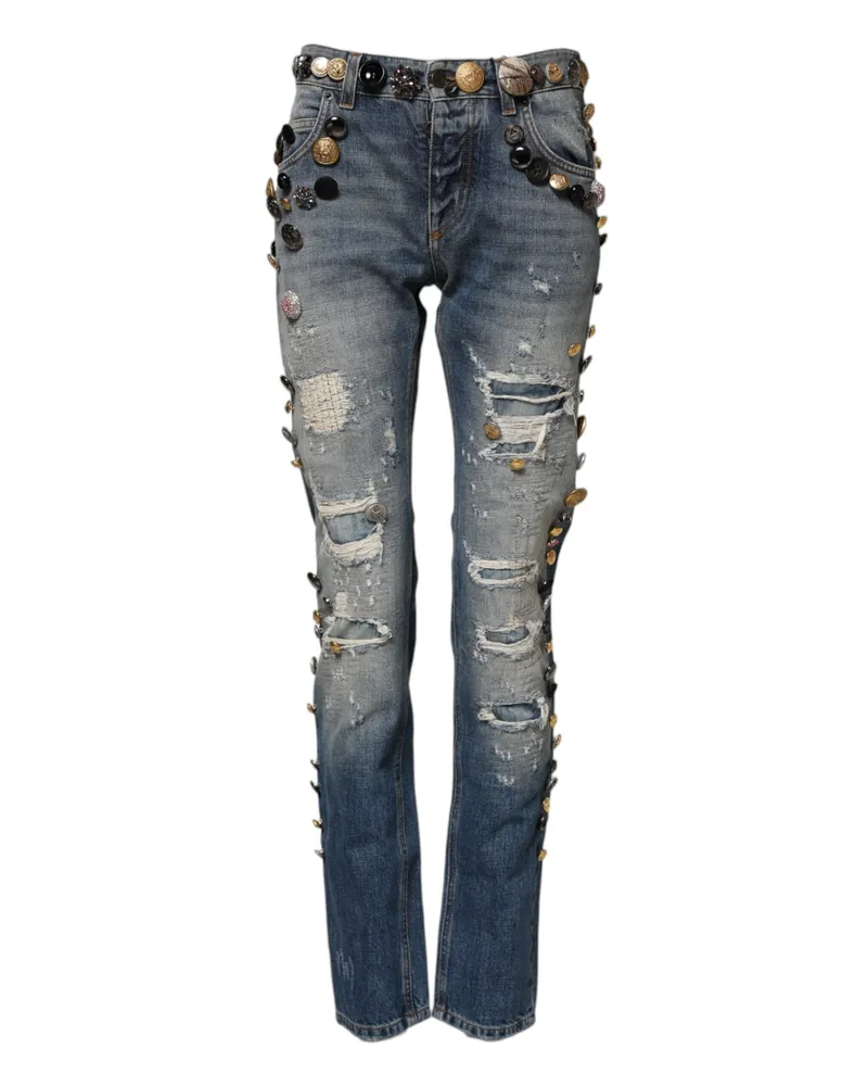 Dolce & Gabbana Women's Blue Embellished Tattered Skinnydenim Jeans Cotton Clothing Blue